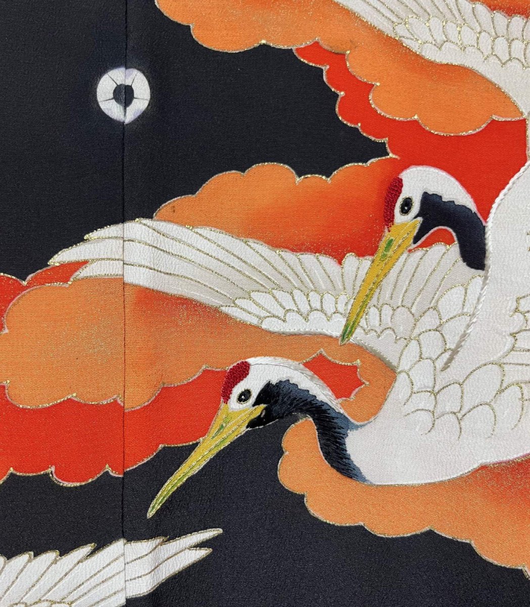 画像6: 正絹 / アンティーク 婚礼黒引き振袖 / 飛鶴 / 大波 / 瑞雲 / 刺繍入り (6)