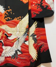 画像7: 正絹 / アンティーク 婚礼黒引き振袖 / 飛鶴 / 大波 / 瑞雲 / 刺繍入り (7)