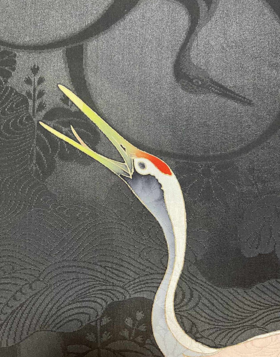 画像8: 正絹 / アンティーク 黒羽織 / 飛鶴 / 鶴と波の地紋入り (8)