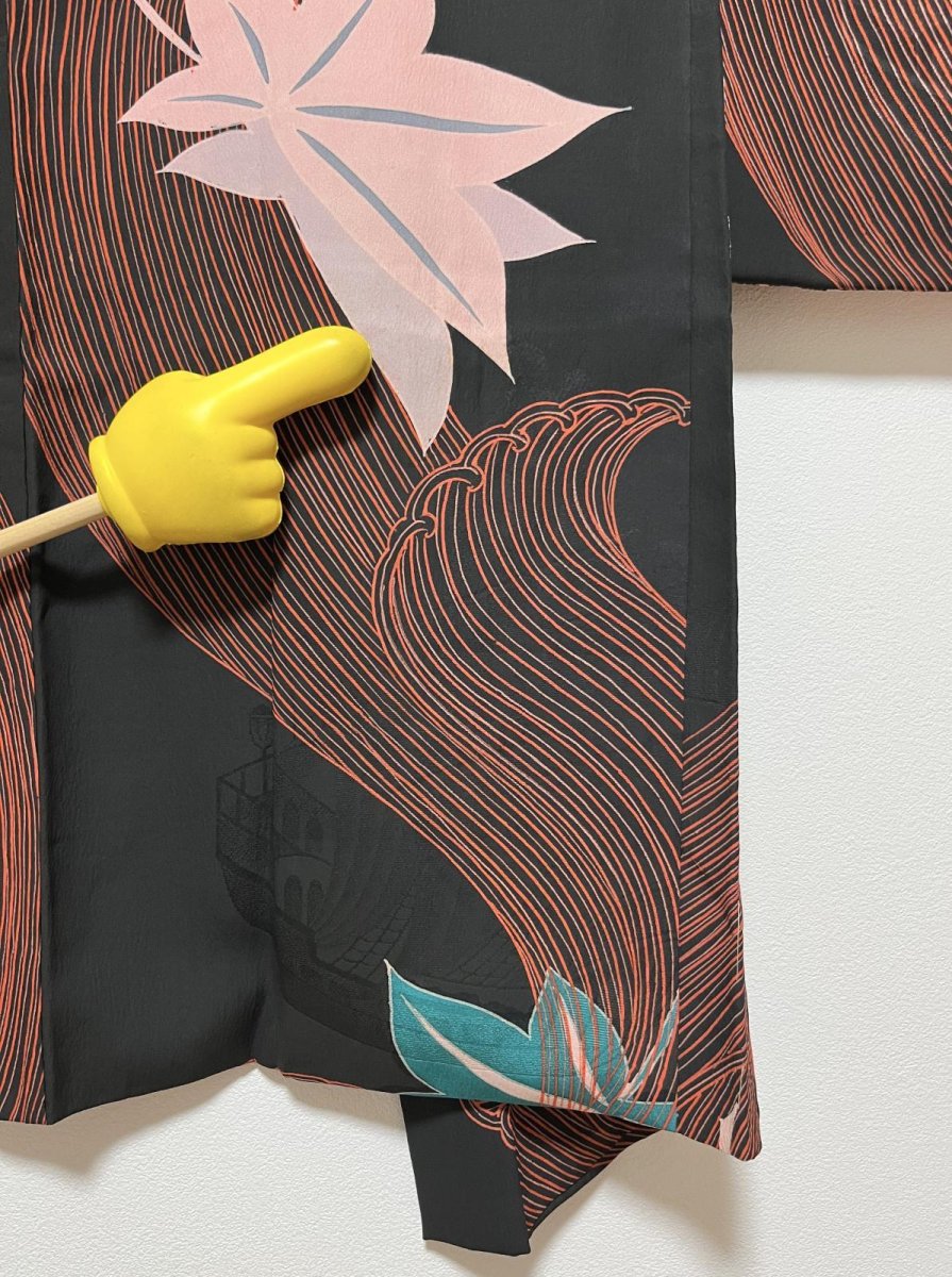 画像16: 正絹 / アンティーク 長羽織 / 大波にもみじ / 染め / 帆船の地紋 (16)