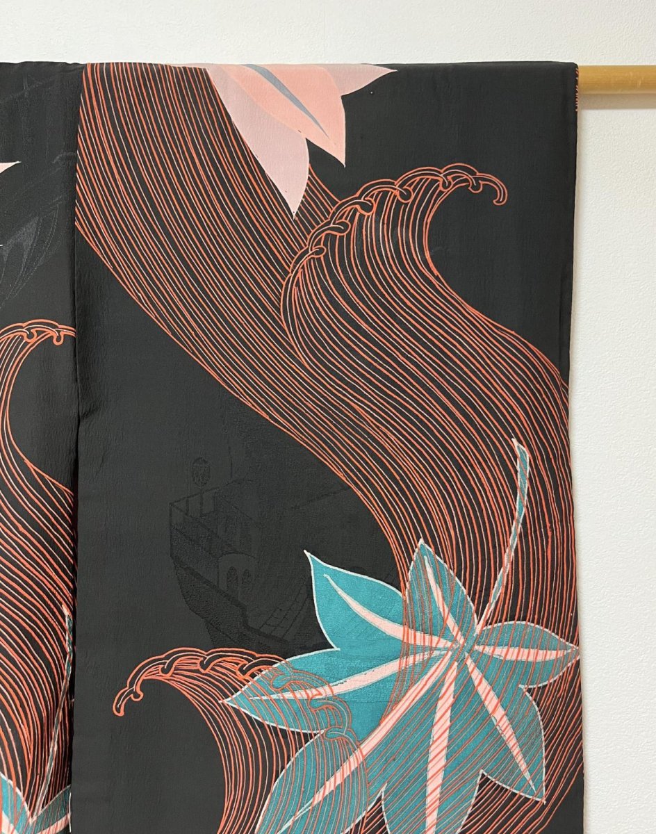 画像7: 正絹 / アンティーク 長羽織 / 大波にもみじ / 染め / 帆船の地紋 (7)