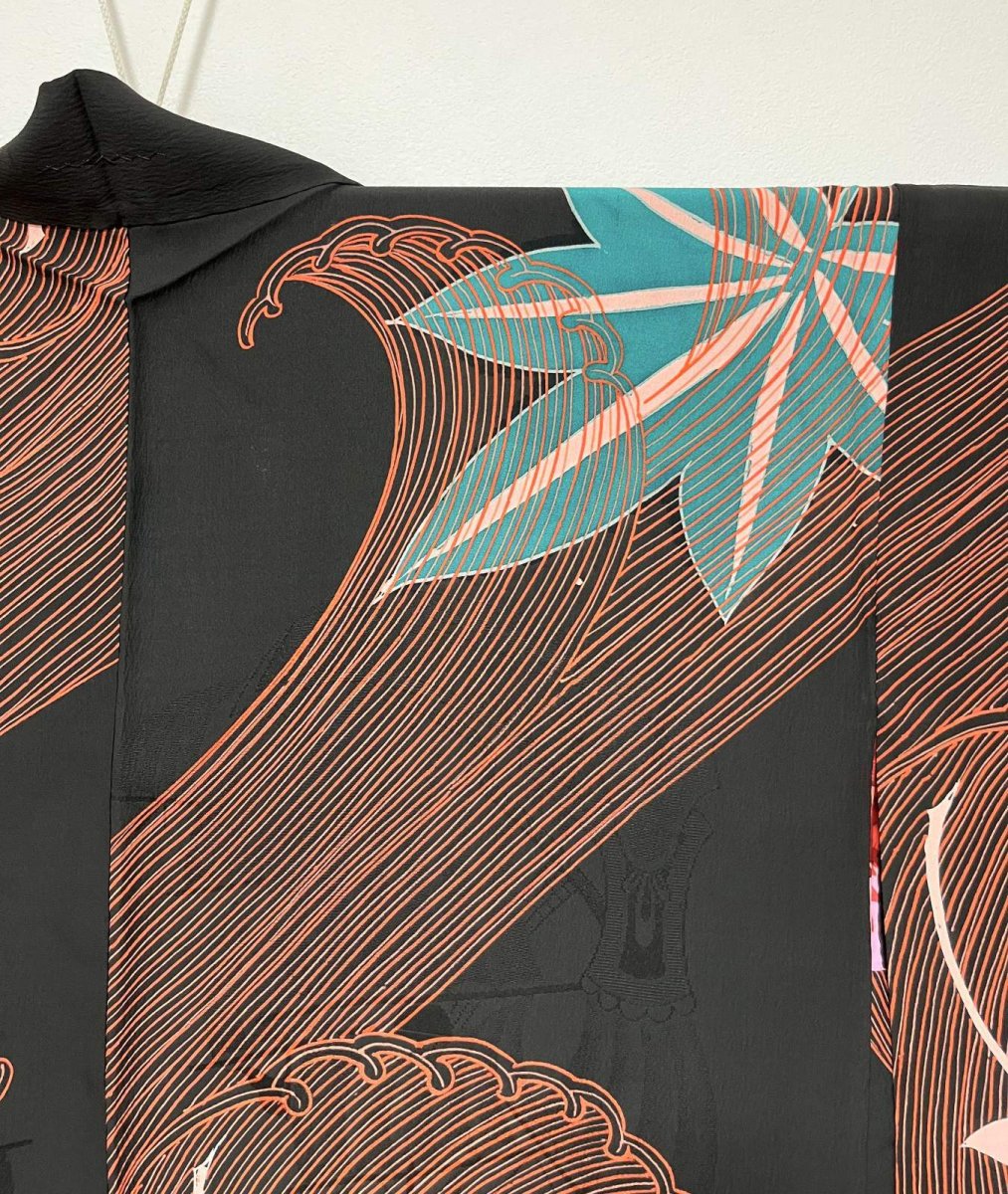 画像6: 正絹 / アンティーク 長羽織 / 大波にもみじ / 染め / 帆船の地紋 (6)