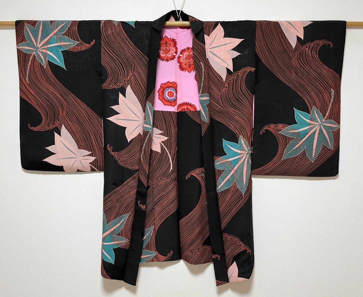 画像2: 正絹 / アンティーク 長羽織 / 大波にもみじ / 染め / 帆船の地紋 (2)