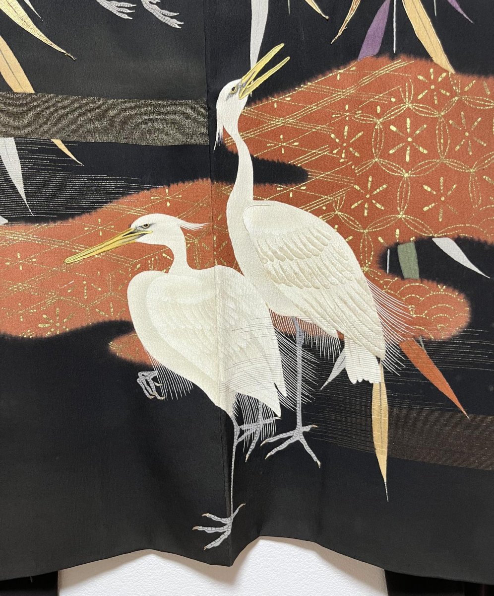 画像6: 正絹 / アンティーク 黒羽織 / 白鷺 / 柳 / ヱ霞 / 金彩 / 手刺繍 (6)