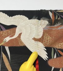 画像11: 正絹 / アンティーク 黒羽織 / 白鷺 / 柳 / ヱ霞 / 金彩 / 手刺繍 (11)