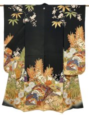 画像1: 正絹 / アンティーク 婚礼黒引き振袖 / 松竹梅 / 御所車 / 扇面 / 広衿 (1)