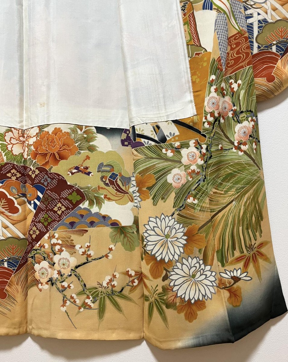 画像12: 正絹 / アンティーク 婚礼黒引き振袖 / 松竹梅 / 御所車 / 扇面 / 広衿 (12)