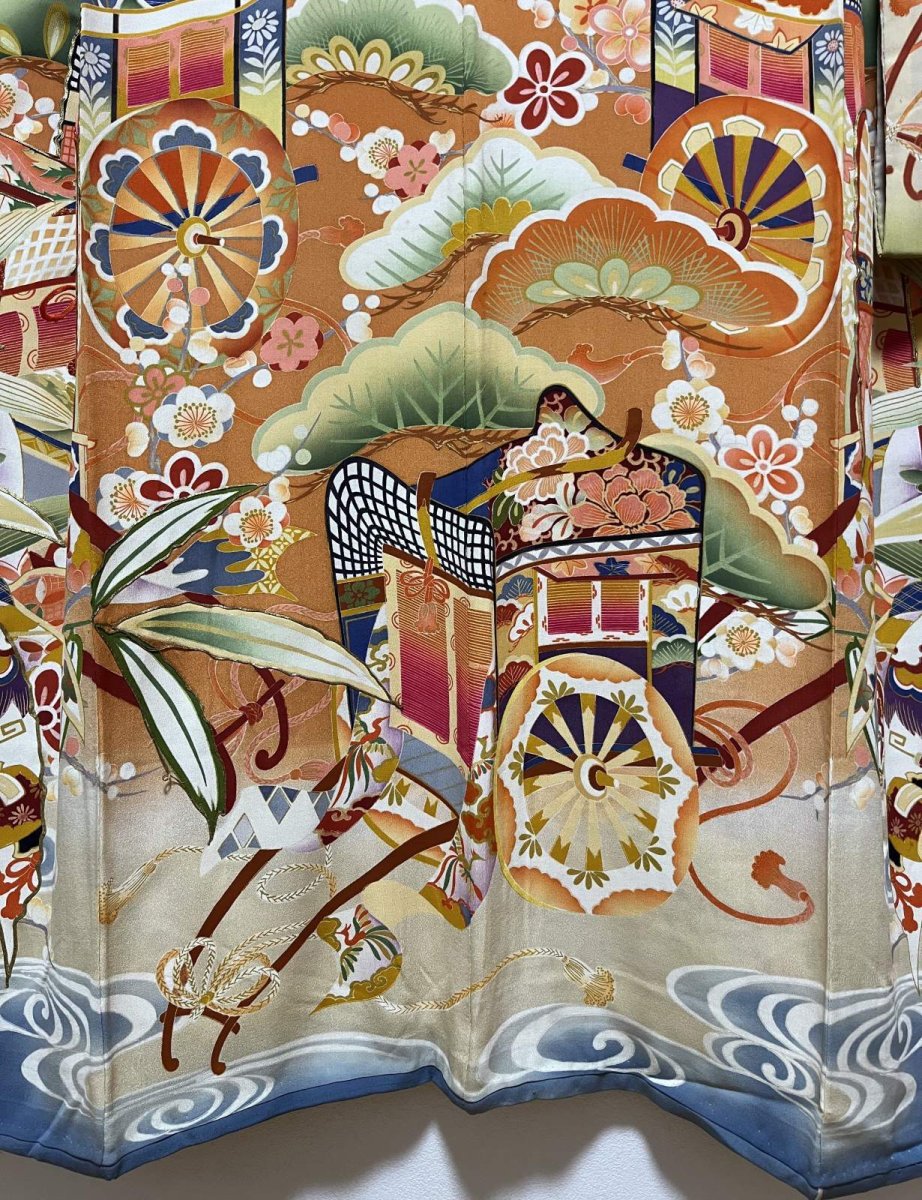 画像8: 正絹 / アンティーク 振袖 / 松竹梅 / 御所車 / 観世水 / 橙茶色 (8)