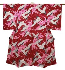 画像1: 正絹 / アンティーク 長襦袢 / 飛鶴 / 大波 / 松葉の地紋 / 錦紗 (1)