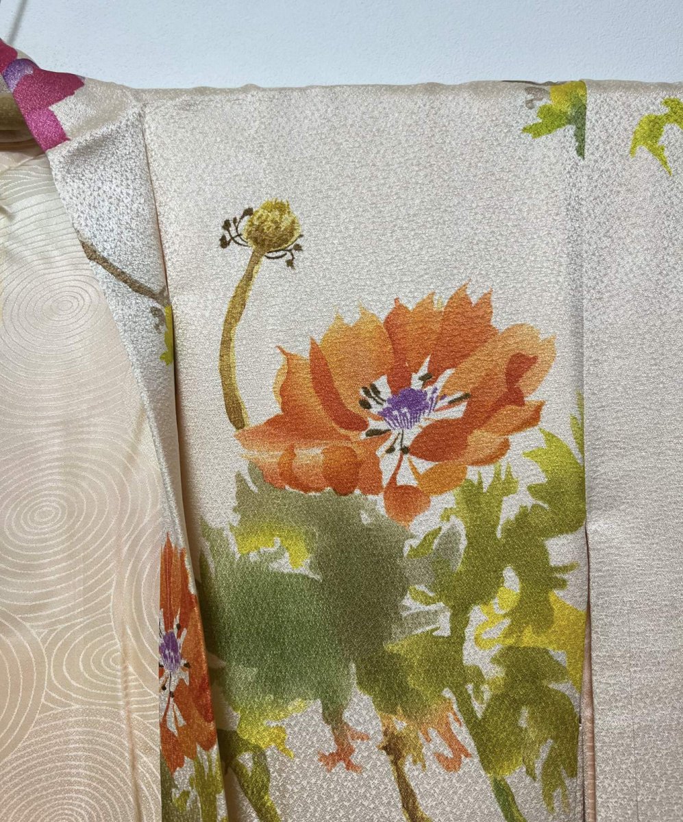 画像8: 正絹 / 羽織 / 水彩インクアート調 手描きの花模様 / ライトコーラル / 未使用品 (8)