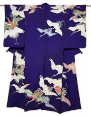 画像1: 正絹 / アンティーク 訪問着 / 飛鶴 / 刺繍入り / 広衿 / 濃紫 (1)