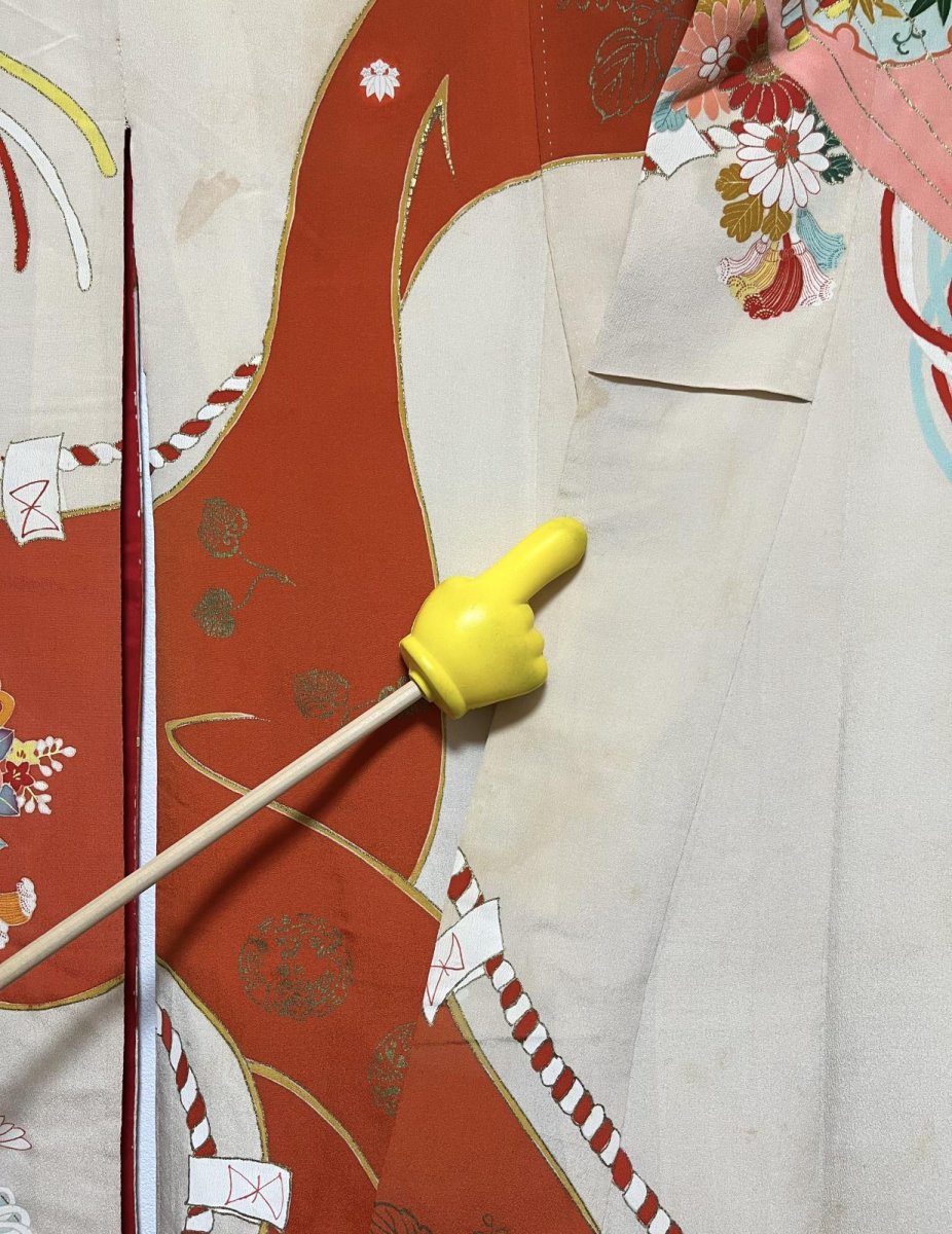 画像16: 正絹 / アンティーク 振袖 / 幔幕 / 宝尽くし / 扇 / 飛鶴 / 刺繍 / 広衿 (16)