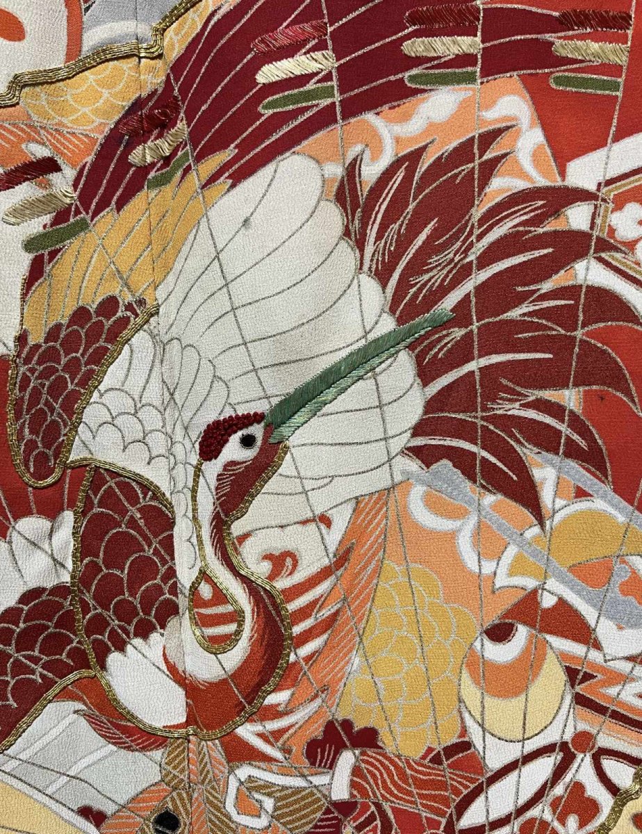 画像12: 正絹 / アンティーク 婚礼黒引き振袖 / 松竹梅 / 扇 / 飛鶴 / 吉祥 / 広衿 (12)