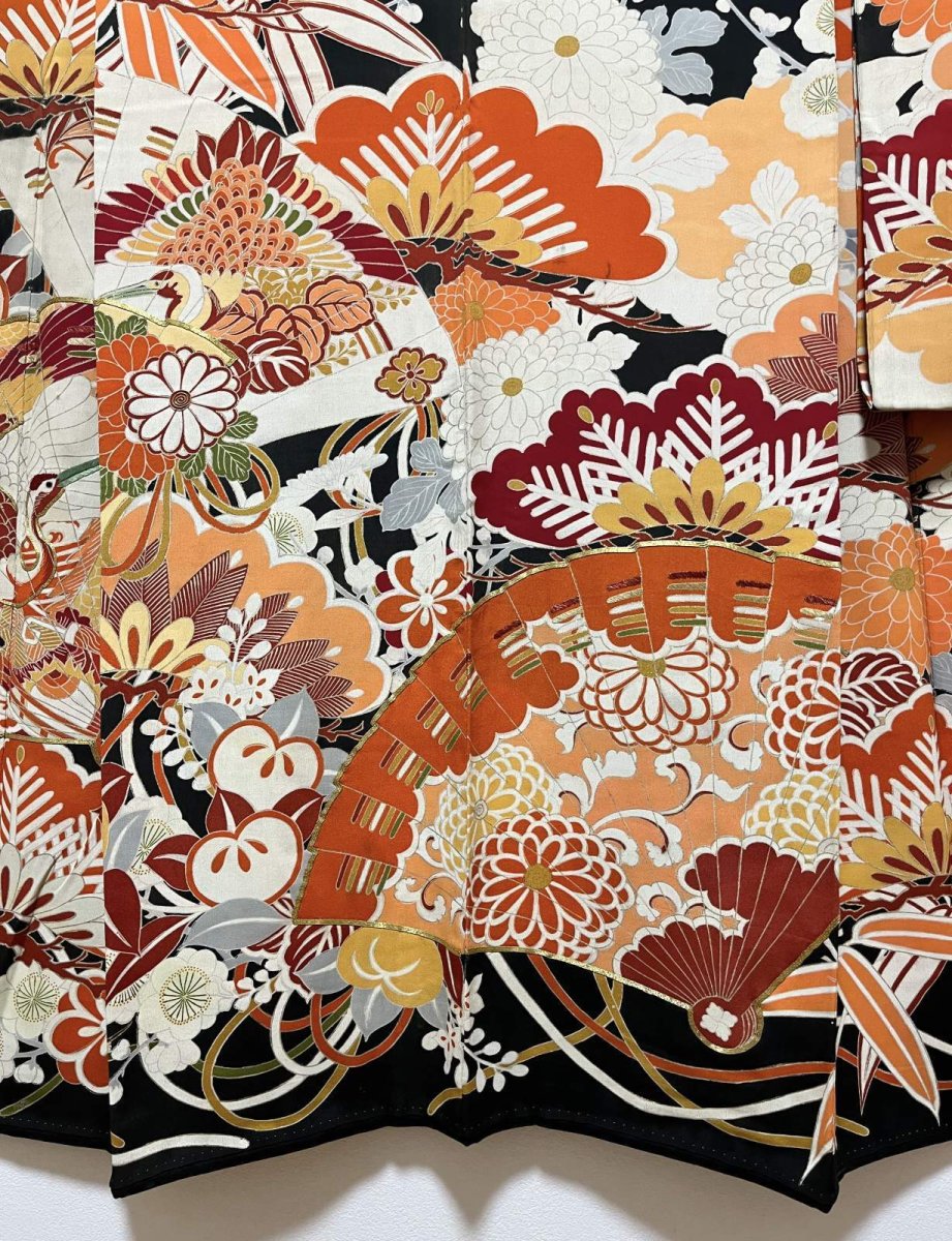 画像7: 正絹 / アンティーク 婚礼黒引き振袖 / 松竹梅 / 扇 / 飛鶴 / 吉祥 / 広衿 (7)