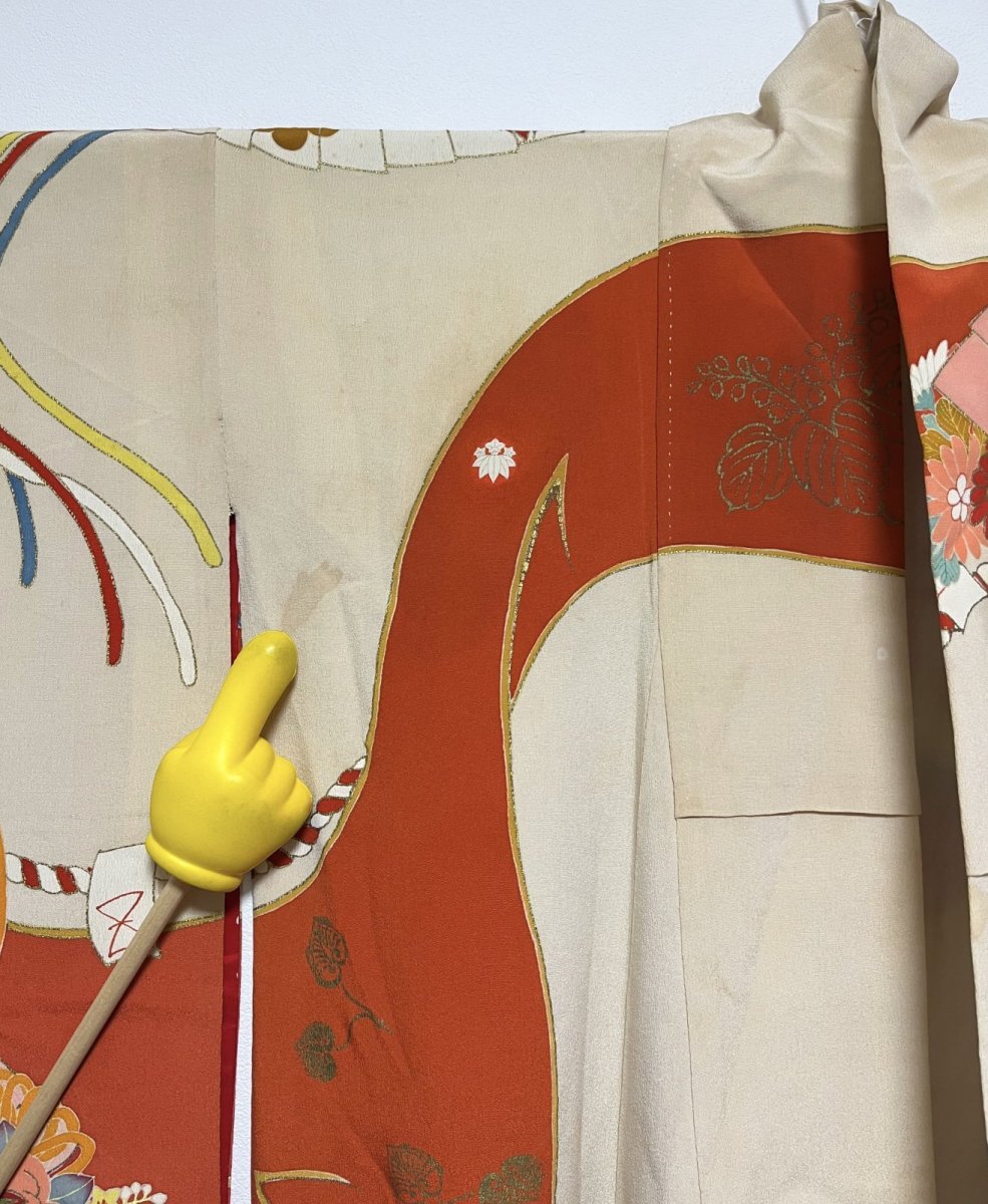 画像14: 正絹 / アンティーク 振袖 / 幔幕 / 宝尽くし / 扇 / 飛鶴 / 刺繍 / 広衿 (14)