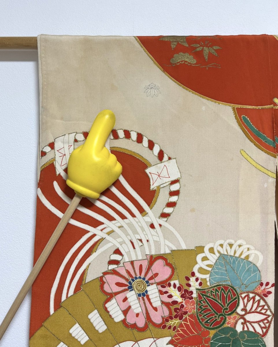 画像11: 正絹 / アンティーク 振袖 / 幔幕 / 宝尽くし / 扇 / 飛鶴 / 刺繍 / 広衿 (11)