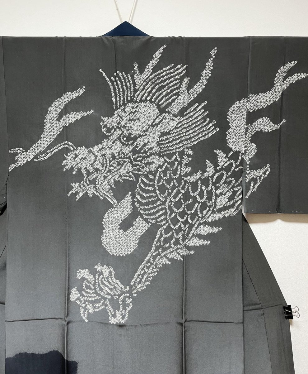 画像4: 正絹 / 男物 長襦袢 / 龍 / 波 / 絞り染め / グレー (4)