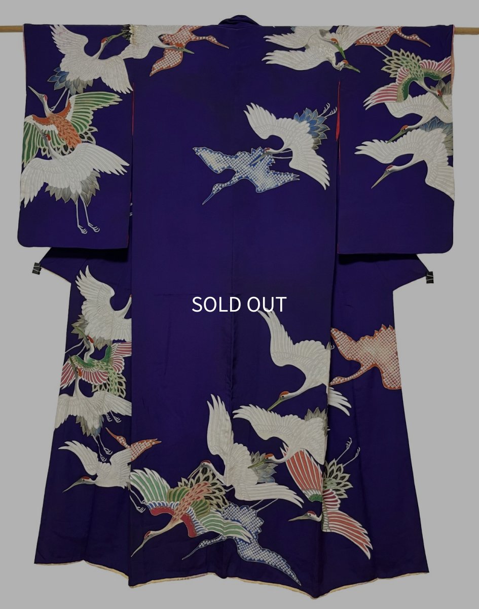 画像1: 正絹 / アンティーク 訪問着 / 飛鶴 / 刺繍入り / 広衿 / 濃紫 (1)