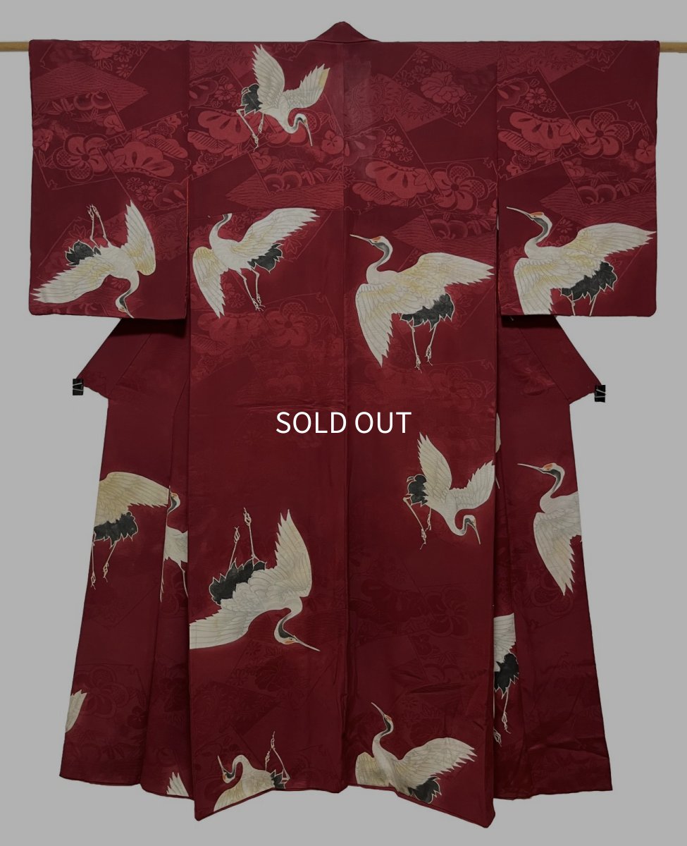 画像1: 正絹 / アンティーク 小紋 / 飛鶴 / 濃赤 (1)
