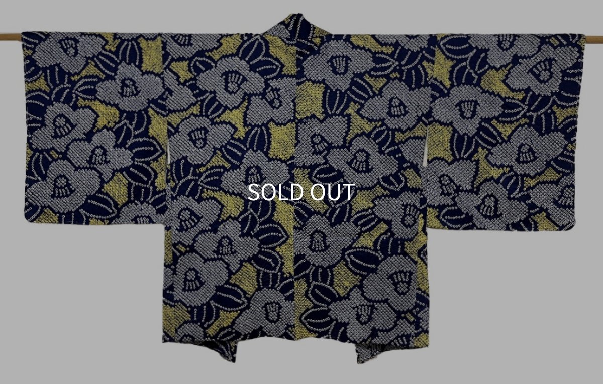 画像1: 正絹 / 総絞り羽織 / 本疋田絞り / 椿 / ネイビー x 黄  (1)